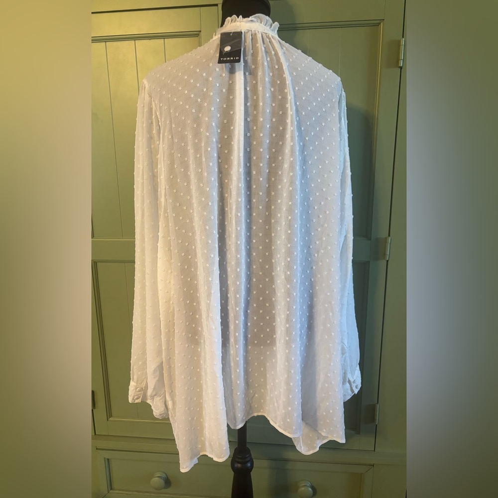 NWT Torrid White Chiffon Clip Dot Lace Ruffle Tie Front Blouse Size 6X - Picture 3 of 7